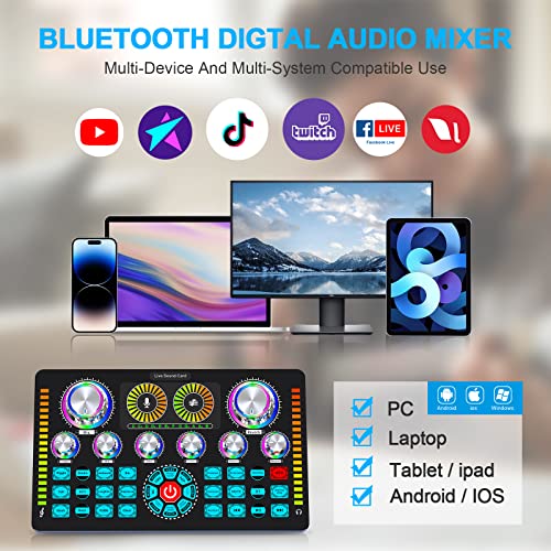 Professional Audio Mixer,Live Sound Card and Stereo Audio Interface,Bluetooth Sound Board with XLR interface,48V Phantom Power,Voice Changer,For Podcasting,Live sound,recording Studio and Gaming