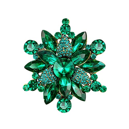 Clearine St Patrick Day Brooch Women's Art Deco Marquise Rhiestone Flower Brooch Pin for Party Prom Emerald Colour Antique-Gold-Tone