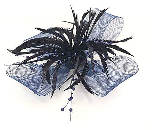 Ladies Beaded Feather Beak Clip Fascinator Hair Piece Weddings, Christening, Races, Ascot (Navy Blue)