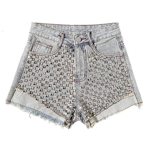 Generic Womens Ripped Denim Shorts High Waist Stretch Frayed Raw Hem Jeans Shorts Trendy Casual Rhinestone Tassel Fringe Boyfriends Hotpants Half Pants Summer Sexy Short Jeans with Pockets