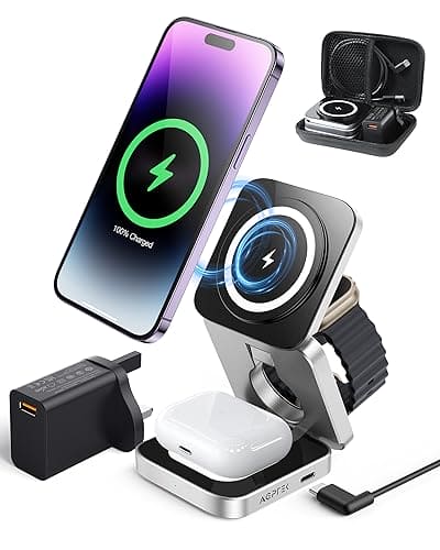 AGPTEK 3 in 1 Wireless Charging Station, Mag -Safe Magnetic Foldable Wireless Charger, Travel Charger for iPhone 15 14 13 12 Pro Max/Mini, for Apple Watch 2-9/Airpod, with Carrying Case 18W Adapter