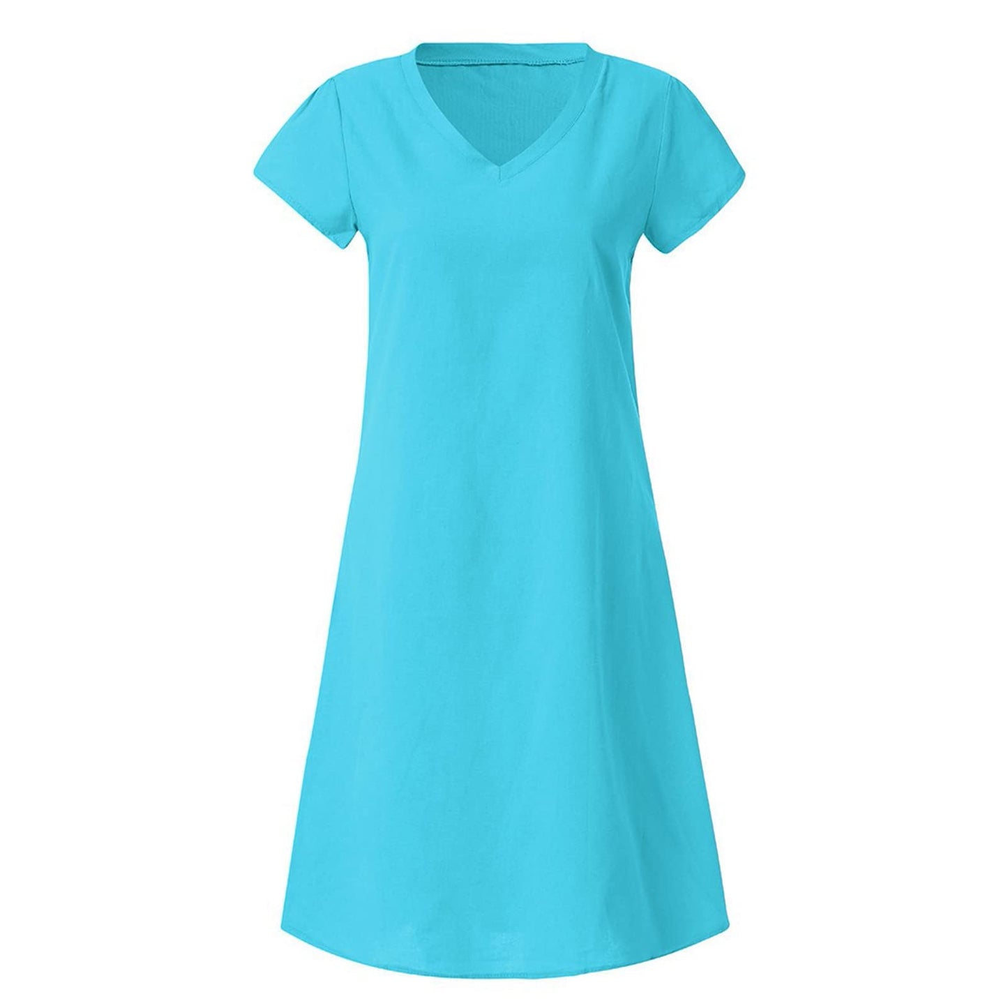 Women Dress Sale Clearance Fashion Ladies Loose V-Neck Summer Solid Short Sleeve Cotton and Linen Dress Party Elegant UK Size Blue