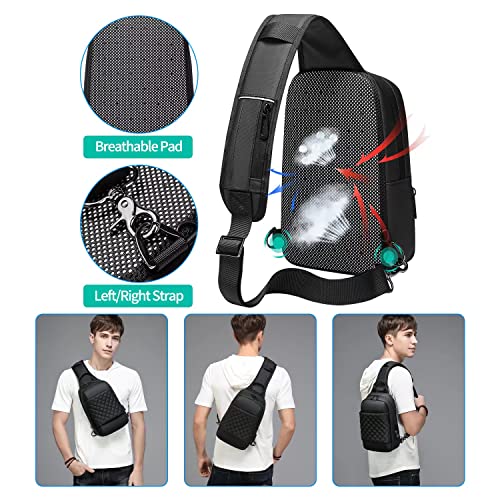 Shoulder Bag for Men,Small Black Plaid Cross Body Chest Bags,with USB Port Sling Messenger Bag,Water Repellent Hiking Biking Daypacks