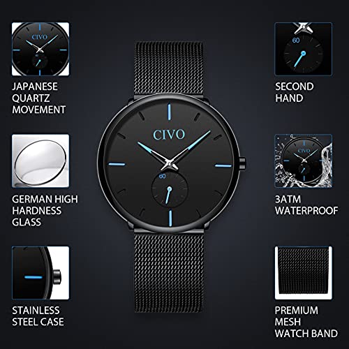 CIVO Mens Watch Black Mesh Stainless Steel Waterproof Fashion Business Dress Analog Quartz Wrist Watches for Men