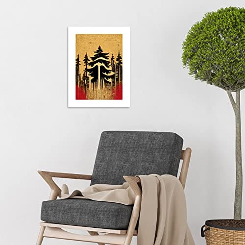 Doppelganger33 LTD Japanese Woodblock Pine Trees Red Black Vintage Unframed Art Print Poster Wall Decor 12x16 inch