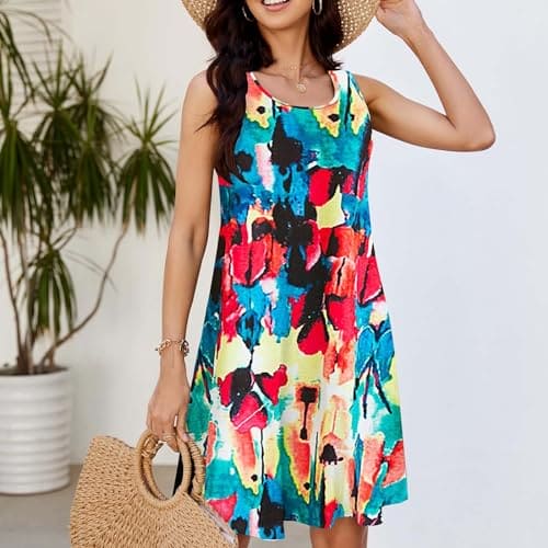 LAKOYA Same Day Delivery Women’s Summer Dresses Floral Print O Neck Tank Dresses Vintage Sundresses Holiday Sleeveless Dresses Items Under 1 Pound Red