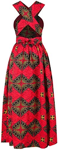 OLIPHEE Women's African Boho Dress Vintage Floor Length High Waist Multiway Bandage Dress Ethnic Costume S, Red Geometric