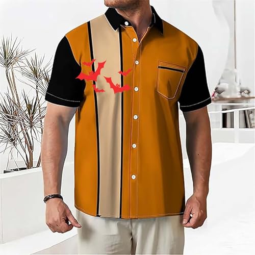 EMUKFD Halloween Mens Orange Shirts Bat Graphic T Shirts Short Sleeve Button Down Regular Fit T-Shirts Holiday Casual Tops