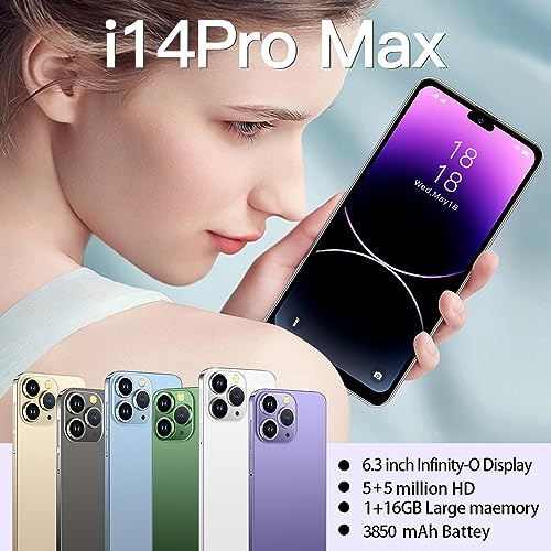 JtQtJ i14Pro Max (2023 New) Smartphones, Android 9.0 Mobile Phones with 6.3" HD Display, Dual SIM, Dual Cameras, 16GB ROM(Expandable to 128GB),Wifi,GPS,Bluetooth,Face ID-(i14Pro Max(6.3")-Golden)