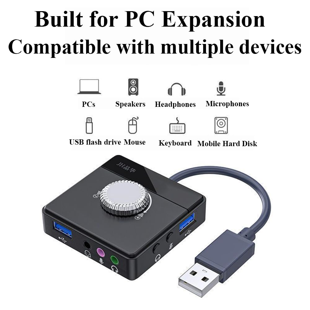 PEIYUI Max External Sound Card, USB Audio Adapter for PC Windows, Mac, Linux, Laptops, Desktops, Stereo Sound Card with 3.5mm Interface & USB Interface, Volume Control, Plug & Play (6-in-1, Black)