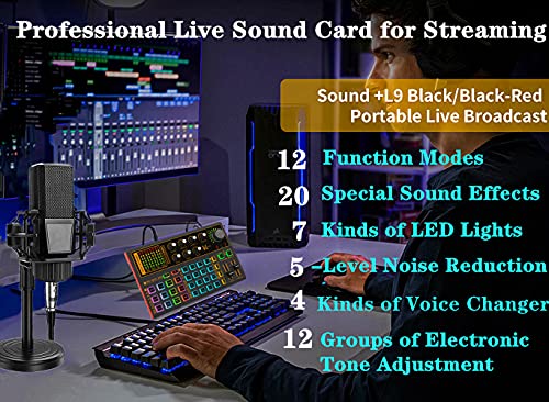 K300 Podcast Equipment Bundle, With Podcast Condenser Microphone, Voice Changer Sound Card with Multiple Sound Effects and LED Light, Prefect for Streaming/Podcasting/Gaming/Recording/YouTube/PC