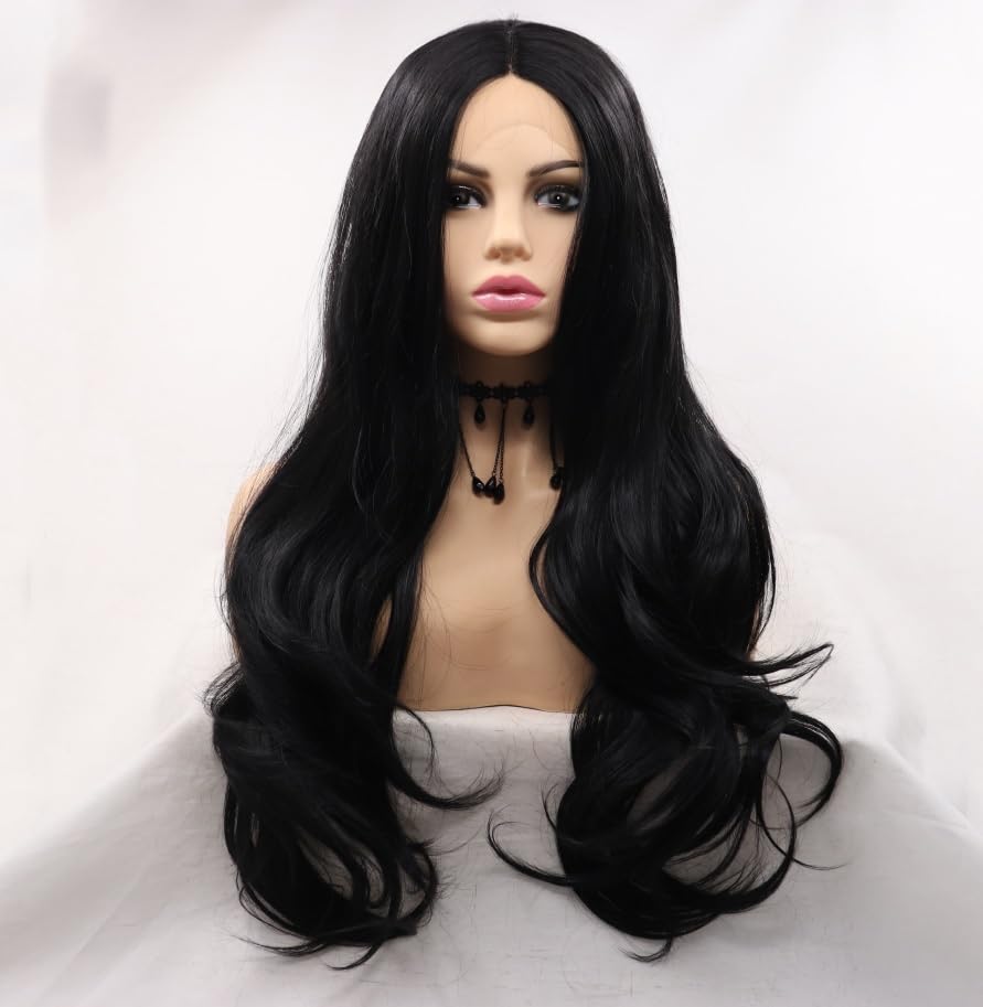 Xiweiya 1b# Black Lace Front Wig Black Natural Wavy Synthetic Lace Front Wig Heat Resistant Fiber Hair Natural Hairline Glueless Soft Wig High Density Half Hand Tied Wig for Women 24inch