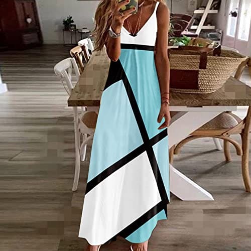 AMhomely Women Casual Boho Maxi Summer Dress Long Floral Swing Beach Dresses with Spaghetti Straps S-3XL UK, XXL, 06 Light Blue