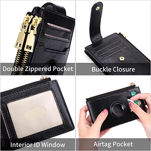 FALAN MULE Ladies AirTag Wallet Genuine Leahter RFID Blocking Bifold Credit Card Holder Zipper Purse