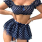 COZYEASE Women's 5 Piece Lingerie Set Polka Dots Mesh Crop Top Garter Babydoll Lingerie Skirt Set with Stockings Blue and White S