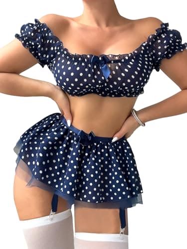 COZYEASE Women's 5 Piece Lingerie Set Polka Dots Mesh Crop Top Garter Babydoll Lingerie Skirt Set with Stockings Blue and White S