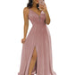 PAVERJER Dusty Rose Bridesmaid Dresses for Women Chiffon Ruched V Neck Formal Evening Dress with Slit Size 2