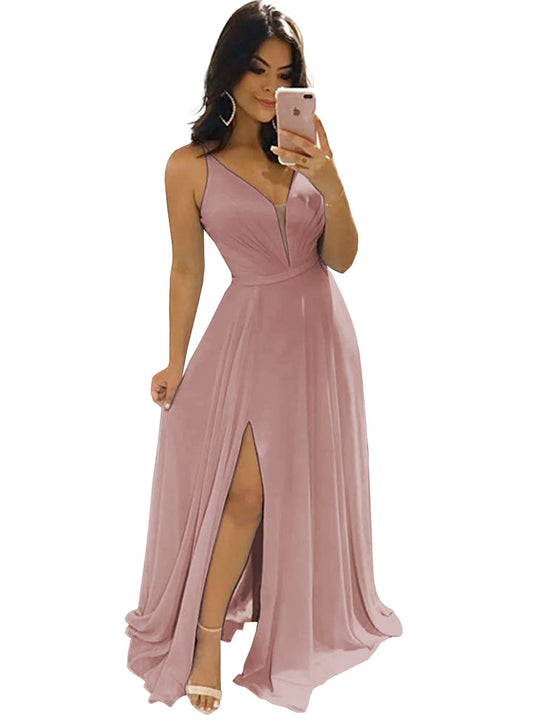 PAVERJER Dusty Rose Bridesmaid Dresses for Women Chiffon Ruched V Neck Formal Evening Dress with Slit Size 2