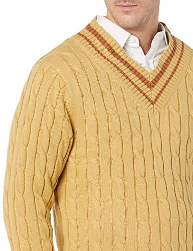 Amazon Essentials Men's Cable Knit V-Neck Jumper, Tan, XXL