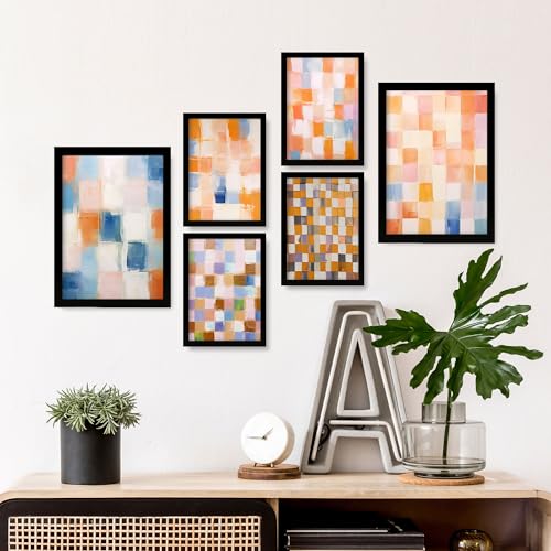 Nacnic Set of 6 Orange and Blue Mosaic 2 Posters. In Abstracts Poster Decorative frames for your living room, bedroom, home. Wall art print. Sizes A4 and A3 with Black Frames