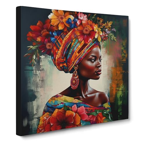 African Woman Floral Art No.6 Canvas Wall Art Print Ready to Hang, Framed Picture for Living Room Bedroom Home Office Décor, 50x50 cm (20x20 Inch)