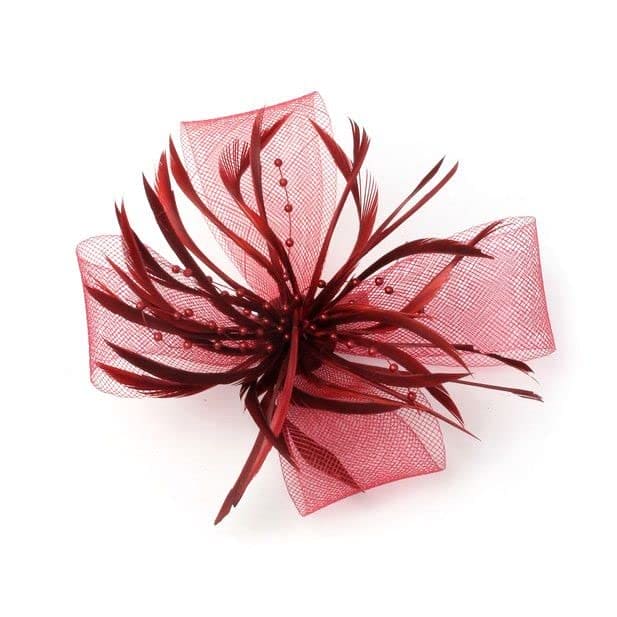 Arranview Jewellery Burgundy fascinator with sinamay net loops and feather tendrils (beak clip and brooch-pin)