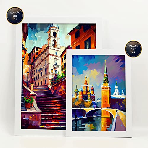 Nacnic Set of 6 Warm Oil Painting Posters. Illustrations of monuments and cities in Full Colour Photographic Style. Interior Design and Decoration. Sizes A3 & A4 with White Frames.