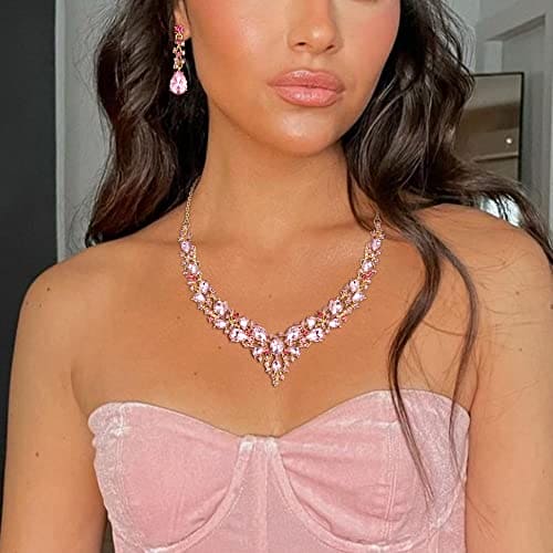 Ever Faith Wedding Bridal Crystal Teardrop Cluster Statement Necklace Dangle Earrings Jewellery Set for Women Pink Gold-Tone