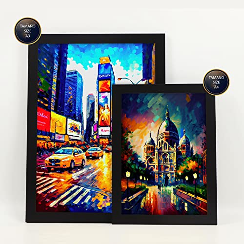 Nacnic Set of 6 Man-made Oil Painting Posters. Illustrations of monuments and cities in Full Colour Photographic Style. Interior Design and Decoration. Sizes A3 & A4 with Wooden Frames.