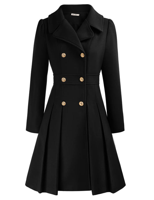 GRACE KARIN Women's Double-Breasted A Line Coat Puffed Sleeve Long Trench Coat Outwear for Winter Black A-Line Peacoat L