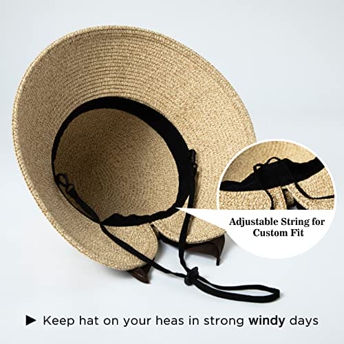 Comhats Sun Hats for Women Floppy Foldable UV Protection Wide Brim Panama Cloche Straw Beach Sunhat Fashionable Adjustable Cruise Accessories Ponytail Beige S/M 56CM