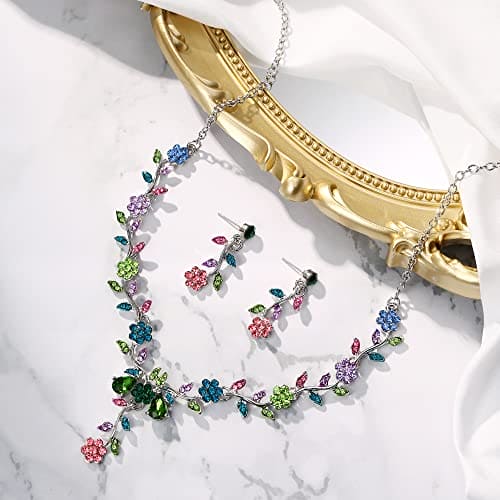 Clearine Women's Wedding Jewellery Set Leaf Cluster Flower Crystal Pendant Necklace Dangle Earrings Set for Bridal Bride Multi Colour Silver-Tone