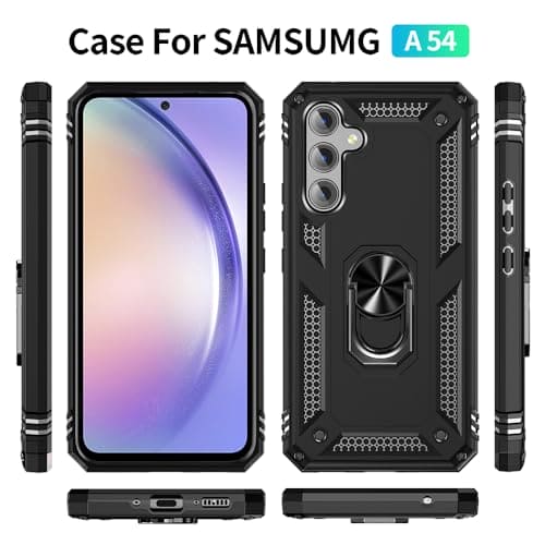 Yiakeng for Samsung A54 5G Case, Samsung A54 5G Phone Case with Screen Protector, Silicone Shockproof Military Grade Protective Phone Cover with Ring Kickstand for Samsung Galaxy A54 5G (Black)