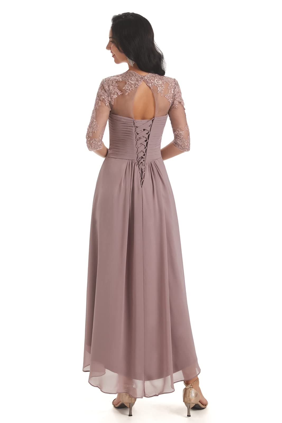 Taupe Mother of The Bride Dresses for Wedding 2023 High Low Tea Length Formal Dress with Sleeves Size 0