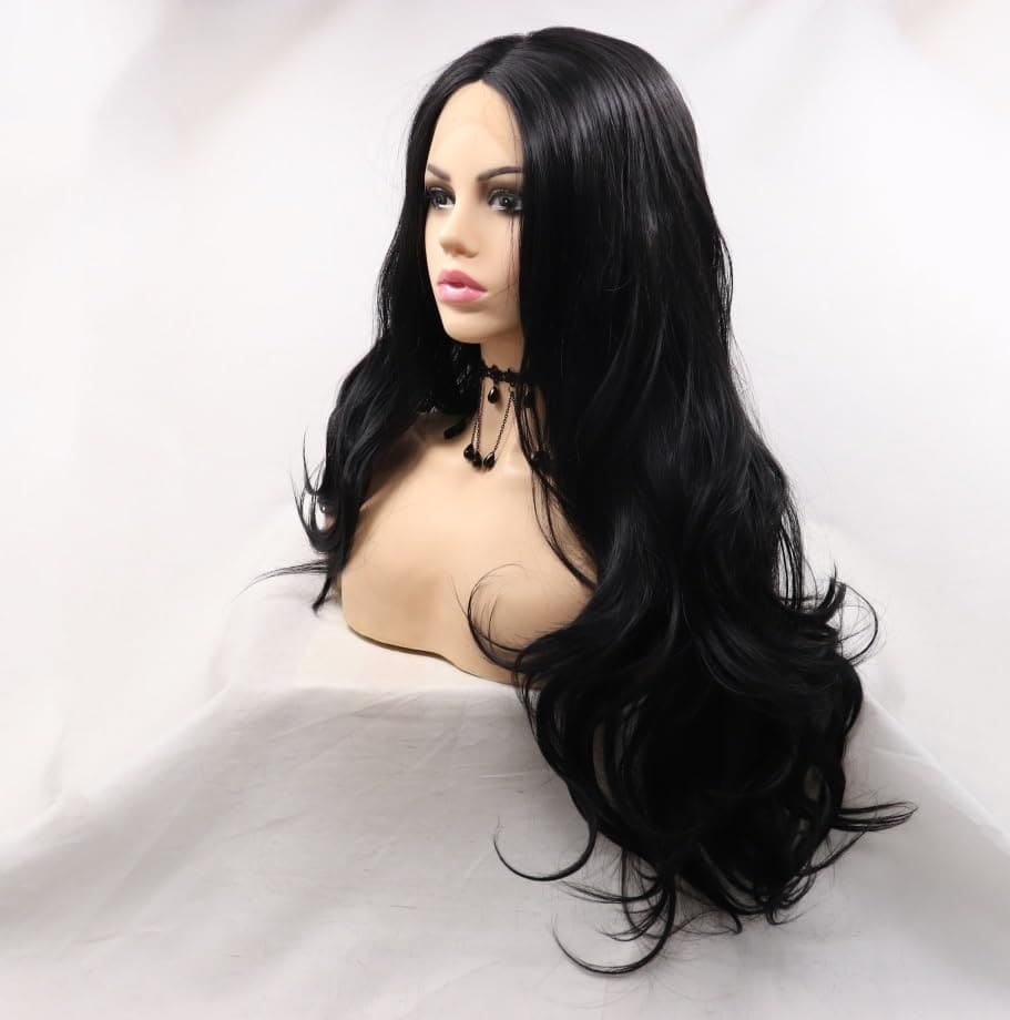 Xiweiya 1b# Black Lace Front Wig Black Natural Wavy Synthetic Lace Front Wig Heat Resistant Fiber Hair Natural Hairline Glueless Soft Wig High Density Half Hand Tied Wig for Women 24inch