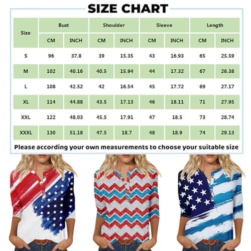 Independence Day Graphic Print Shirts for Women Casual Plus Size Tops Blouses Summer Trendy 3/4 Sleeve Button Down T Shirts Blues M Womens Raglan Shirts 3/4 Sleeve 3/4 Sleeve Button Down Shirts