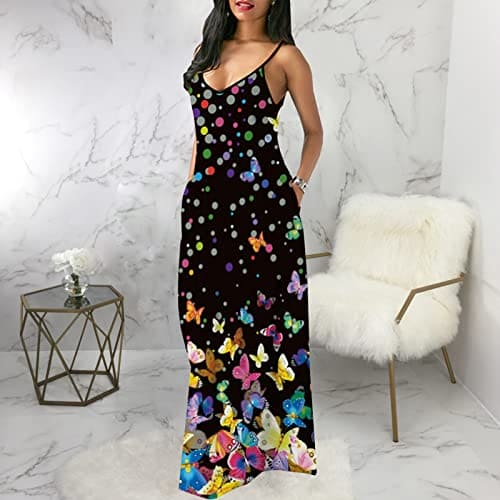 Summer Casual Plus Size Maxi Dresses for Wome Adjustable African Sundress Loose Butterfly Printed Dress with Pockets