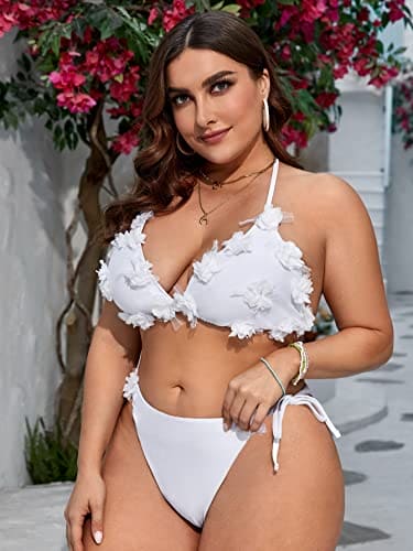 OYOANGLE Women's Plus Size 2 Piece Bikini Set Appliques Triangle Halter Swimsuit Tie Side Bathing Suit White 4XL