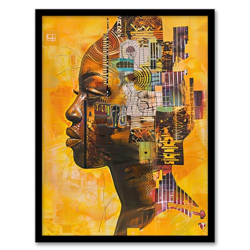 Artery8 Abstract African Woman Portrait Futuristic Ochre Living Room Artwork Framed Wall Art Print A4