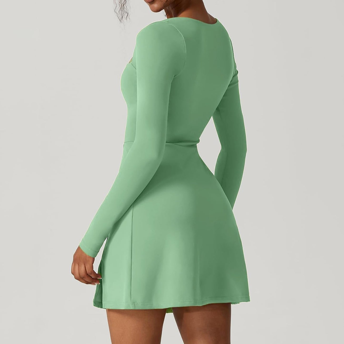 Qianderer Womens Square Neck Bodice Dress Long Sleeve Side Slit A-Line Flare Mini Dresses Cocktail Party Club Dress (Green, XL)