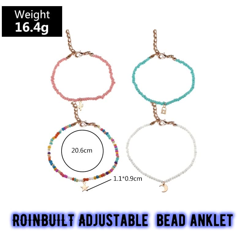 ROINBUILT Boho Beads Anklets Multilayered Women Anklets Colorful Women Ankle Bracelets Beaded Bracelet Elastic Foot and Hand Chain Jewelry (4PCS)