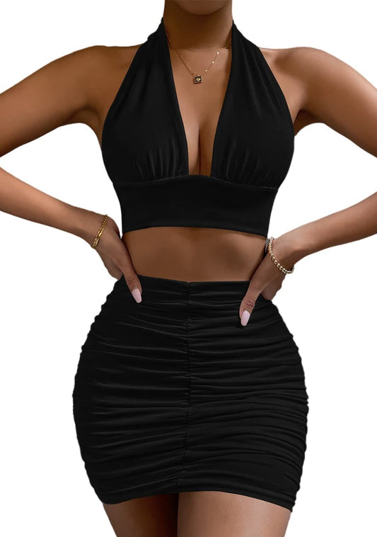 Womens Sexy 2 Piece Outfits Halter Neck Sleeveless Crop Top Ruched Bodycon Skirt X-Small Black