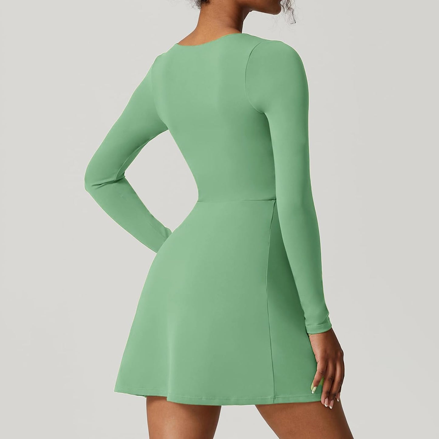 Qianderer Womens Square Neck Bodice Dress Long Sleeve Side Slit A-Line Flare Mini Dresses Cocktail Party Club Dress (Green, XL)