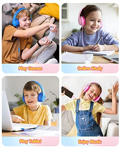 DOQAUS Headphones for Kids, Children Headphones for Boys Girls with 74/85/94dB Volume Limited, Stereo Sound, Share Function, Wired Kids Headphones with Microphone for School/Travel/Phone/PC/MP3, Pink