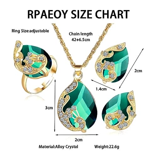 TOEECY Jewellery Set for Women Girls Crystal Pendant Necklace Stud Earrings and Ring Set Peacock Cubic Zirconia Golden Jewellery Set Gift for Wedding Bridal Bridesmaid (Green)