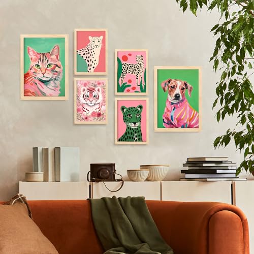 Nacnic Set of 6 Pink Pets Posters. In Nursery Prints Decorative frames for your living room, bedroom, home. Wall art print. Sizes A4 and A3 with Lightwood Frames