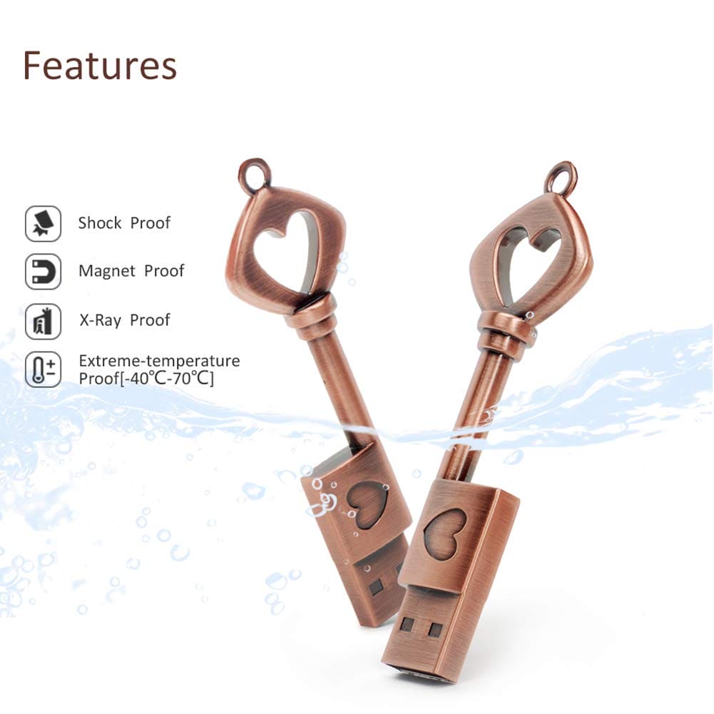 BORLTER CLAMP 32GB USB Flash Drive Cute Memory Stick Retro Metal Heart Key-Shaped Pendrive for External Data Storage