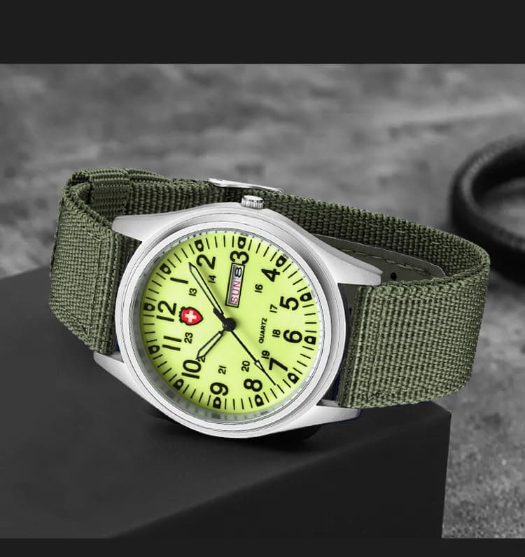 Gosasa Unisex Military Watches Sport Textile Nylon Strap Luminous Fashion Watch Analog Display Quartz Waterproof Casual Wristwatch (Green Luminous)