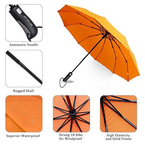 ZOMAKE Compact Umbrella, Auto Open & Close Travel Folding Umbrella, Windproof Fast Drying Umbrella with 10 Ribs, Slip-Proof Handle Design for Easy Carry(Orange/New)