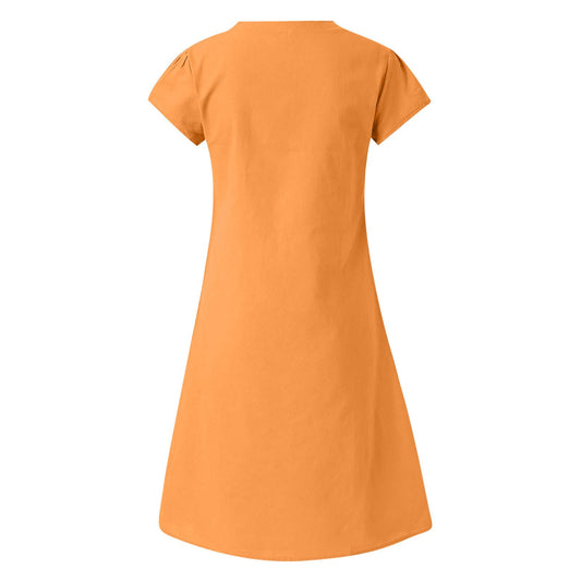 AMhomely Women Dress Sale Clearance Fashion Ladies Loose V-Neck Summer Solid Short Sleeve Cotton and Linen Dress Party Elegant UK Size Orange, XL